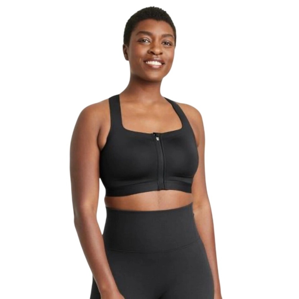 All in Motion Women's Black High Support Zip-Up Front Sports Bra Size XL